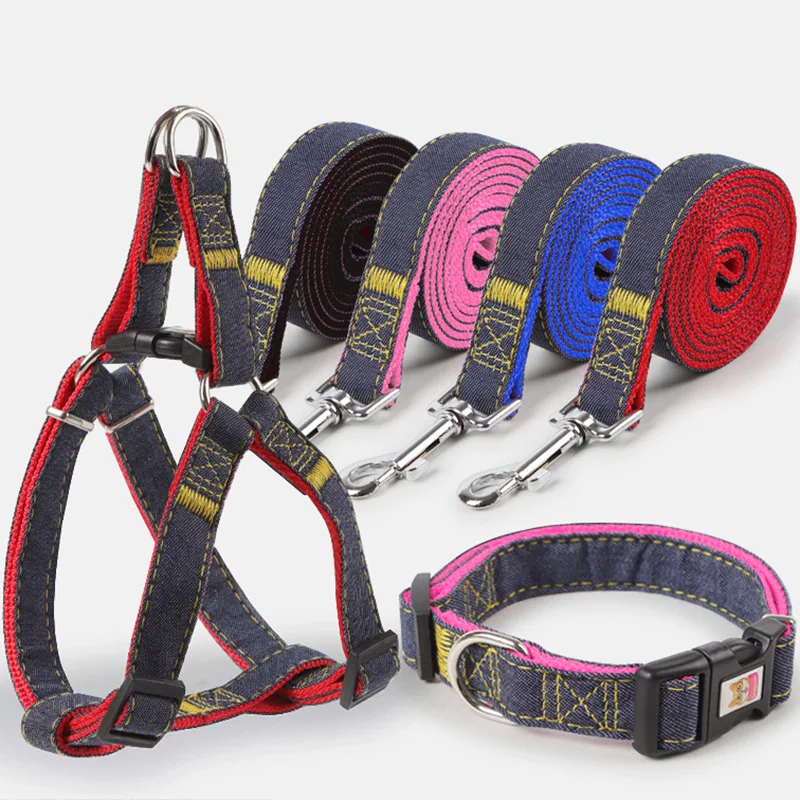 

Dogs Leash Harness Adjustable Collar Set Denim Pet Lead Vest Small Medium Large for Walking Training
