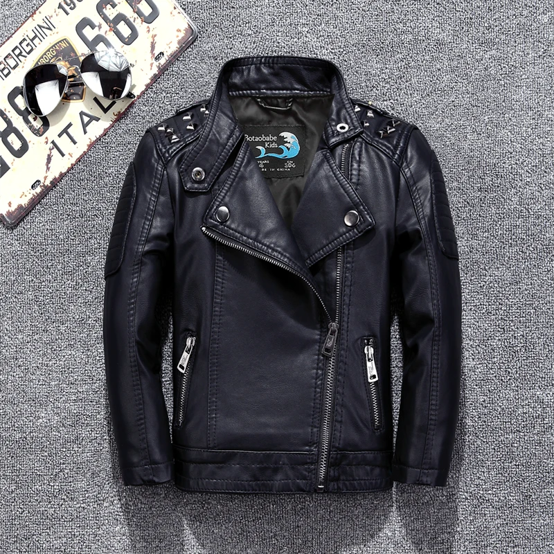 

Punk Rivet Decor Boys Leather Jacket Windbreaker for Autumn Winter Girls Motor Coat Bomber baby Toddler Clothes