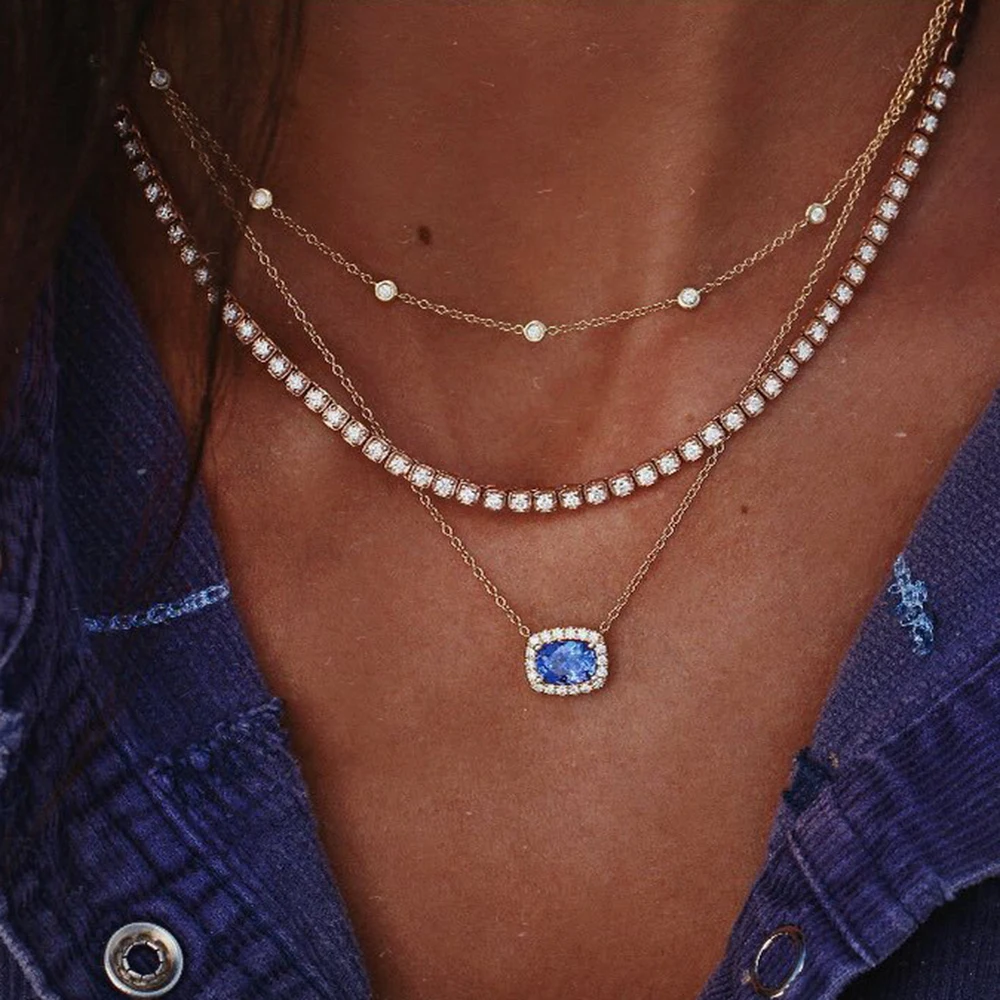 

Tisonliz Bohemian White Blue Rhinestone Layered Necklace for Women Gold Crystal Long Charms Pendant Necklaces Collars Jewelry