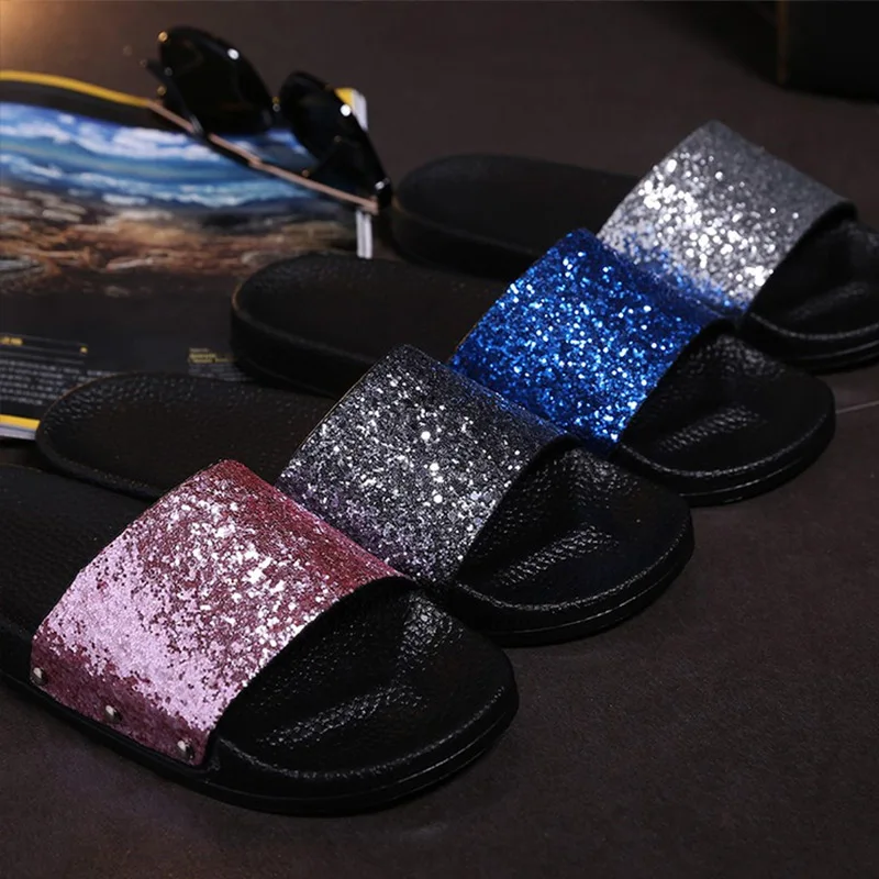 

Women Flat Slippers Sequined Cloth Beach Slides Female Slip On Flat Shoes For Girls Fashion Ladies Leisure Footwear 2019 Summer
