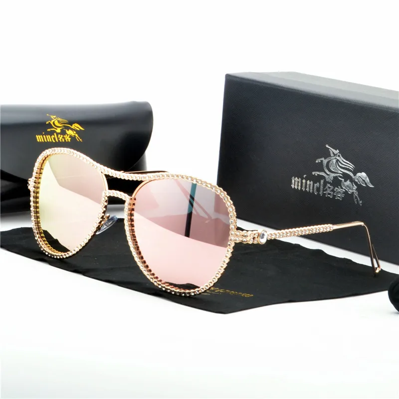 Солнцезащитные очки пилота, женские декоративные стразы, фирменный дизайн, медная оправа, прозрачные линзы, двойной мост, солнцезащитные очки FML - Цвет линз: pink lens