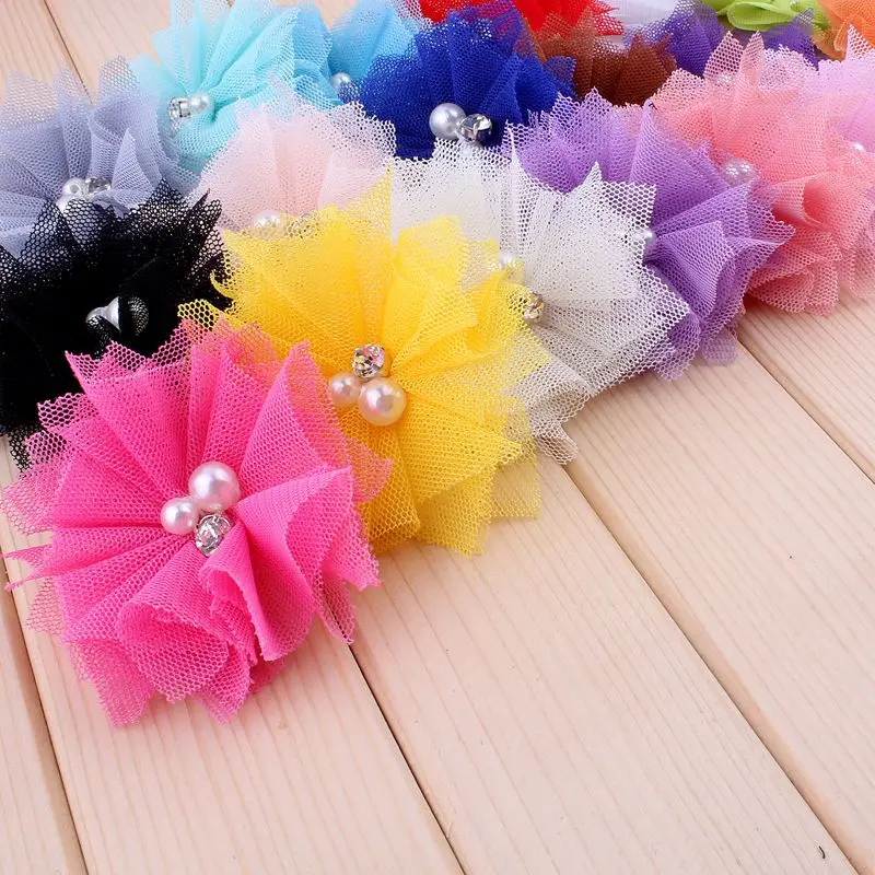 

30pcs/lot 6.5cm 18colors DIY Soft Chic Mesh Hair Flowers With Rhinestones+Pearls Artificial Fabric Flowers For Kids Headbands