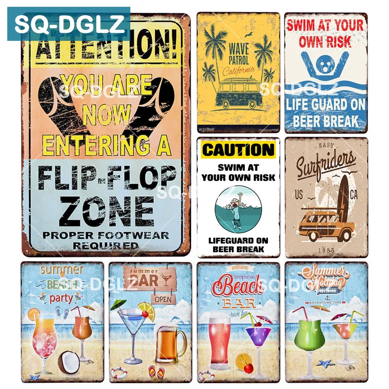 

[SQ-DGLZ] Beach Warning Slogan License Plate Beach Bar Wall Decor Caution Tin Sign Vintage Surfing Metal Sign Painting Plaques