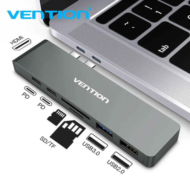 

Vention Dual Ports USB C HUB Type-C to HDMI 4K USB 3.0 2.0 SD/TF PD Thunderbolt 3 Adapter for MacBook Pro Air 2018 USB-C HUB