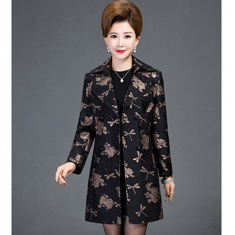 Nouveau Ym1095 Mode 2 Moyen 1 Double Boutonnage Impression Occasionnel Mère 3 Tranchée Survêtement À De Élégant 2018 Manteau âge Classique Femmes Automne Mince 561wH