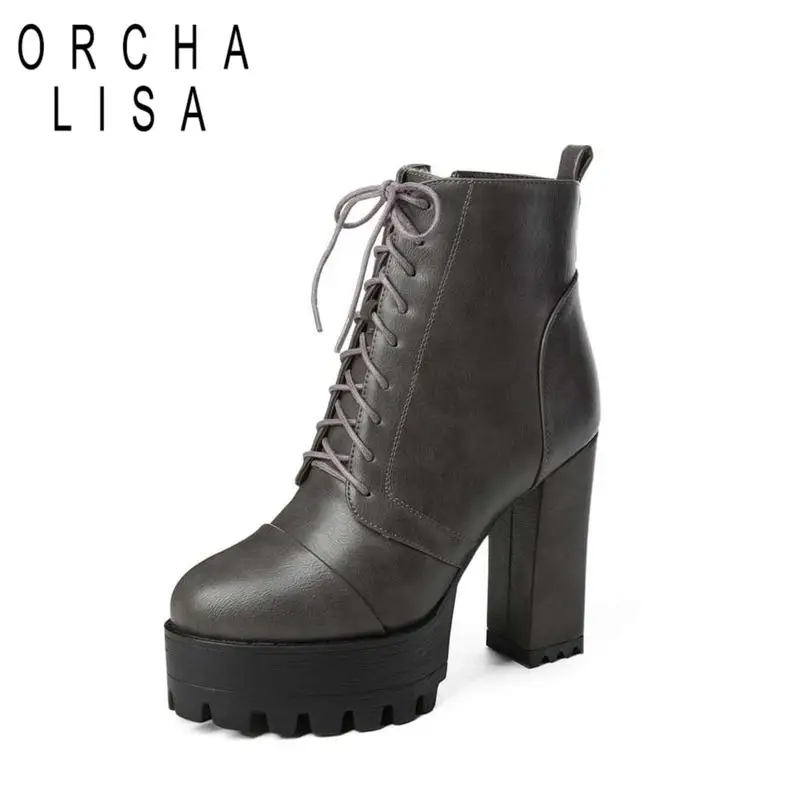 

ORCHA LISA Women high platform ankle boots super high heels round toe booties lace up zipper winter motorcycle riding botas
