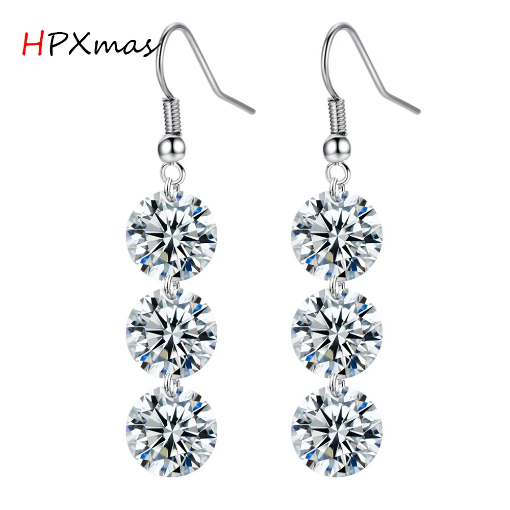

HPXmas Elegant Sparkling Round Crystal Clear White Gold Color Dangle Long Earrings for Women jewelry Gift B38