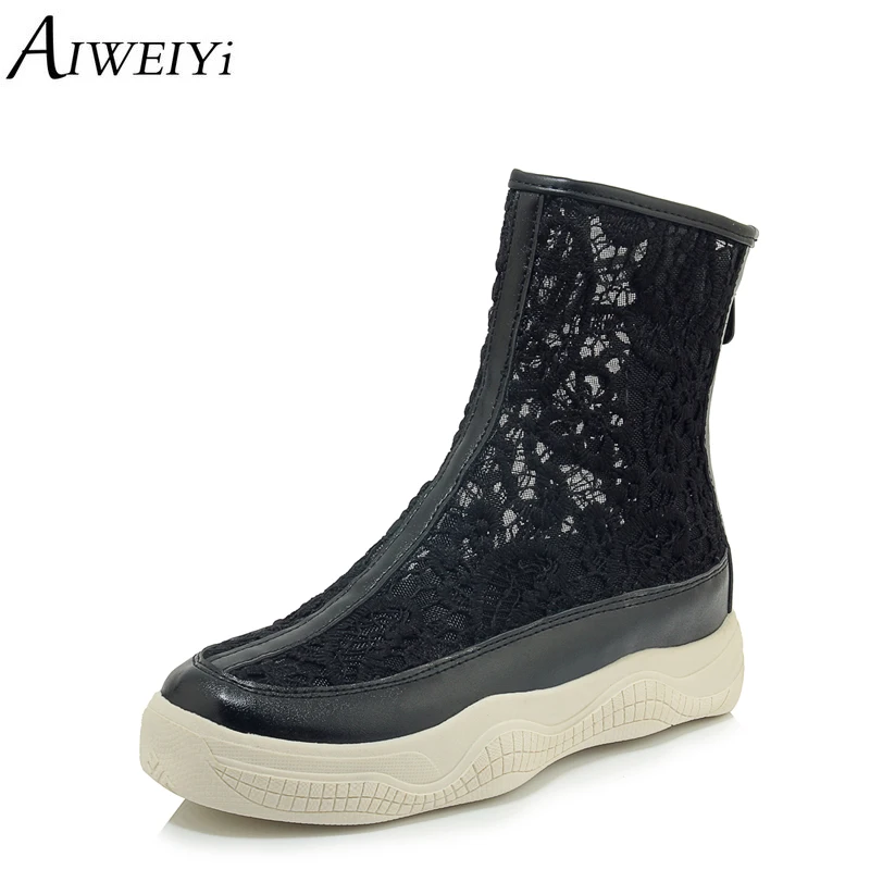 

AIWEIYi Summer Boots Upper Lace Cutout Shoes Women Fashion Black White Woman Embroider Shoes Woman Ankle Boots