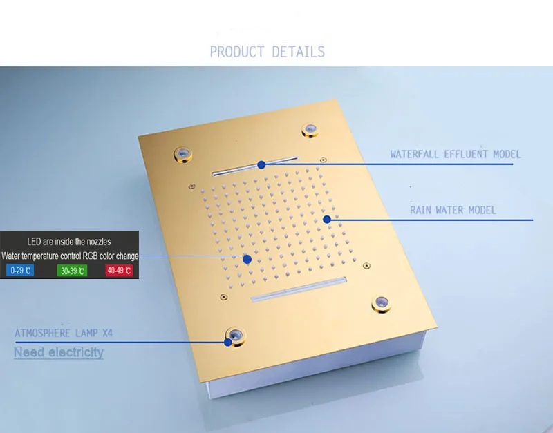 Модная Душевая система для ванной, Золотой водопад и дождевая насадка 360*500 мм, светодиодный набор с термостатическим смесительным клапаном