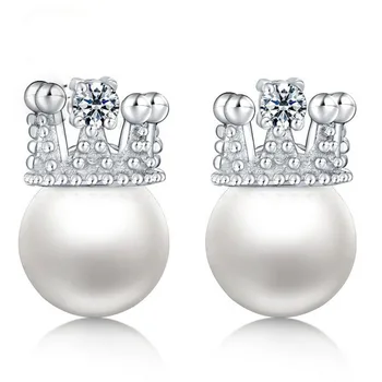 

Exquisite Pearl Wedding Jewelry 925 Sterling Silver Cubic Zirconia Crown Stud Earrings Women Brincos Piercing Accessories