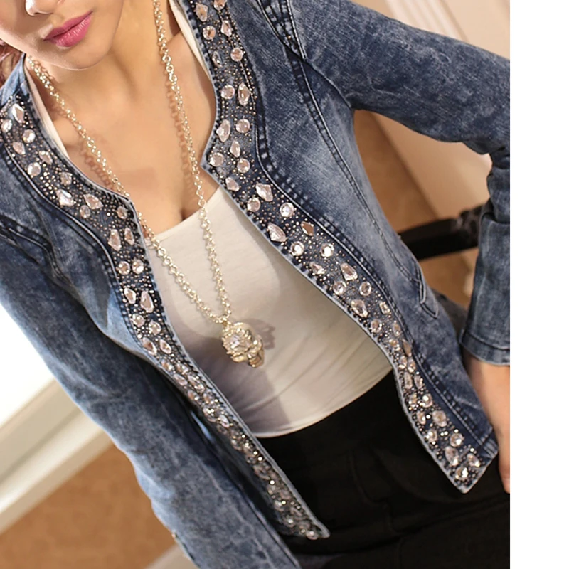 Greatest  FMFSSOM 2019 New Arrival Spring Antumn Denim Jackets Vintage Diamonds Casual Coat Women's Denim Jac