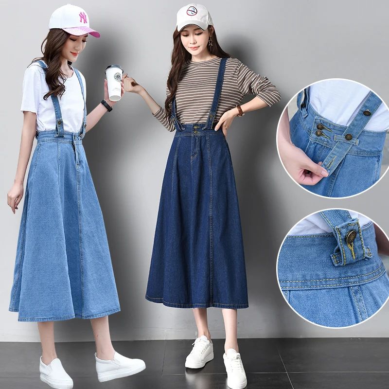 

Women Vintage Preppy Style High Waist Slim Pleated A-line Long Denim Jeans Brace Strap Skirt Female Plus Size Basic Skirts Blue