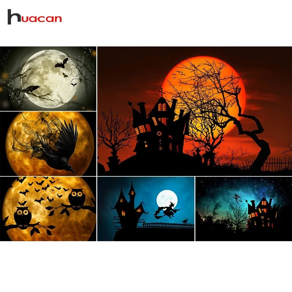 

Huacan DIY Diamond Painting Halloween Night Diamond Embroidery Witch Diamond Mosaic Moon Landscape Full Drill Square Kits Craft
