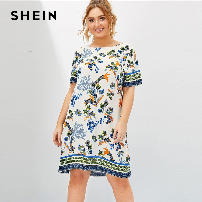 SHEIN زائد حجم الخصر مربوط اللون كتلة اللباس المرأة الصيف تونك قصير كم حريصة طول عارضة زائد التحول فساتين مع حزام