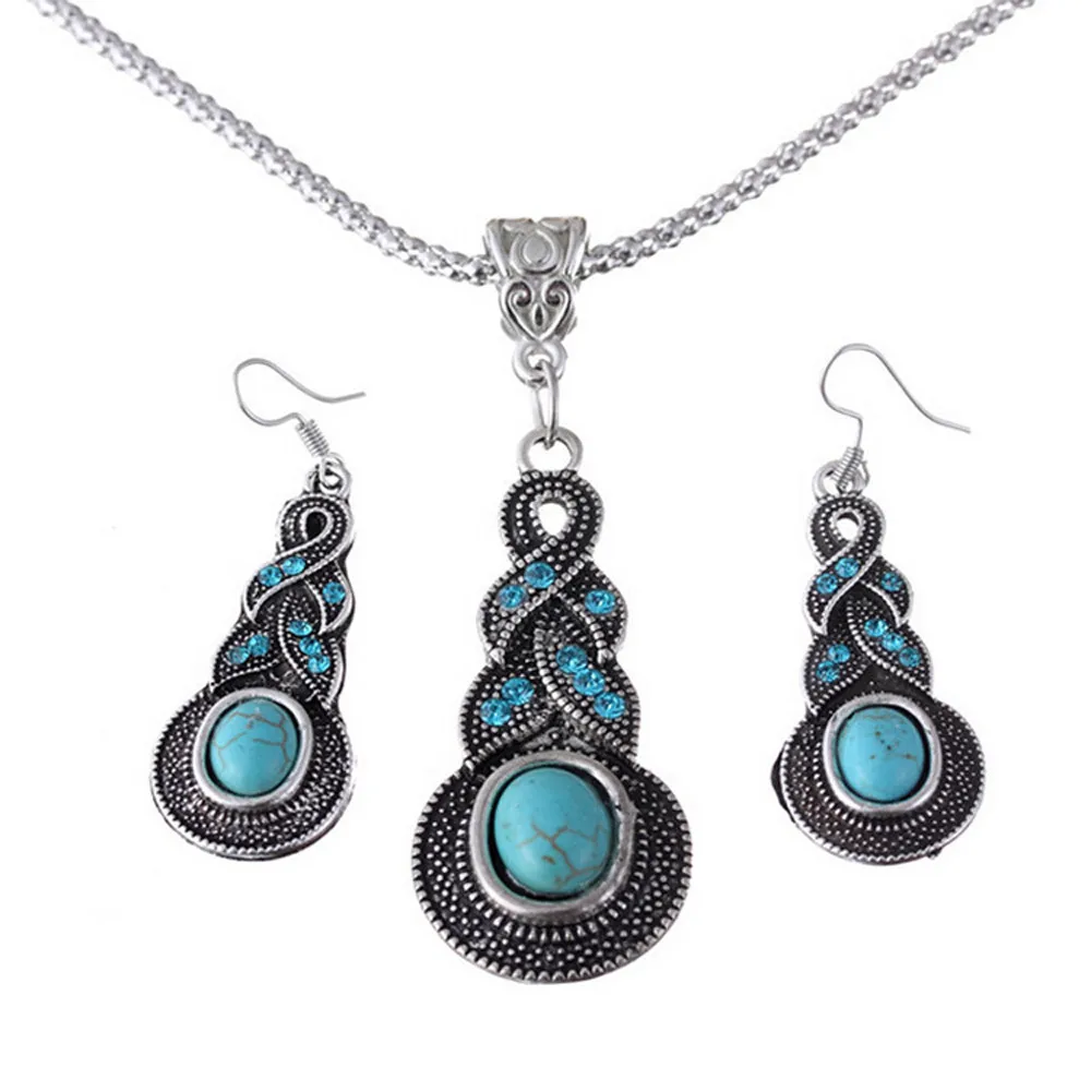 1set Women Water Drops Green Turquoise Chunky Pendant Necklace Earrings Set Classic Vintage Folk-custom 45cm Geometric Free