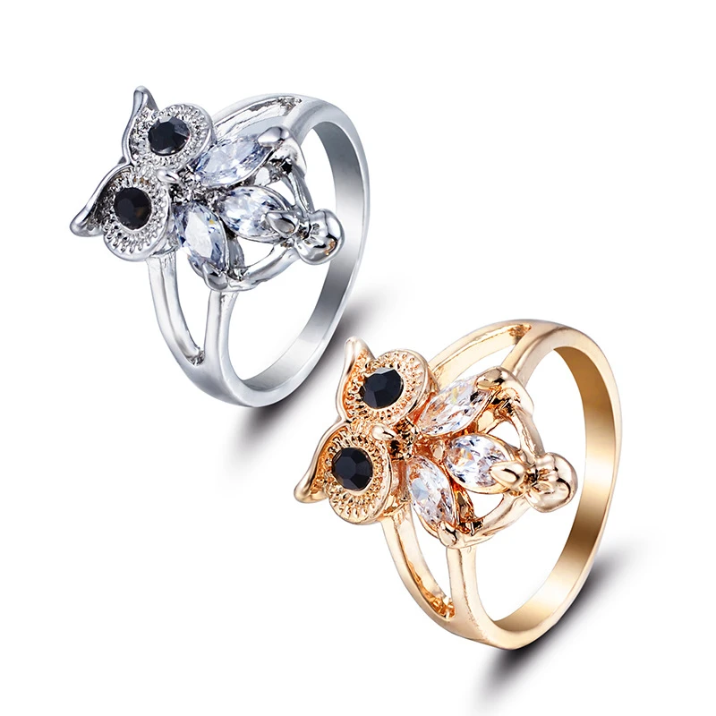 de búho mujer, joyería de de dorado plateado, joyería de compromiso de boda, anillo de Animal de circonia cúbica de cristal para mujer y Niña|owl ring|animal rings for