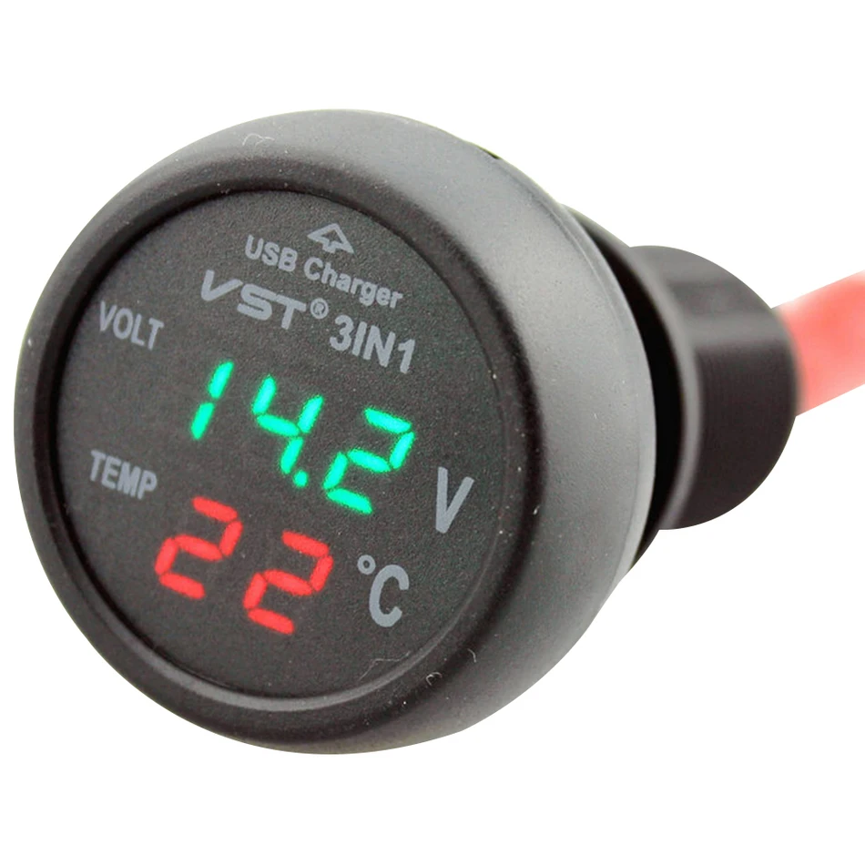 

3 In 1 Multifunction Car USB Charger Thermometer Voltage Digital Meter Monitor 2.1A Port For Mobile Phone Blue Red Light