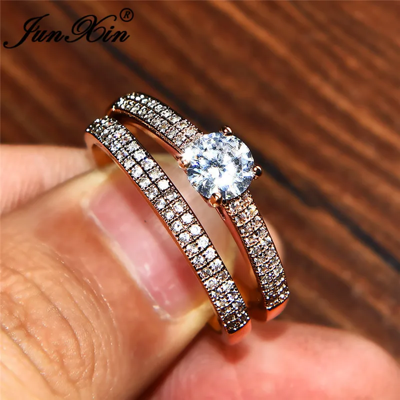 JUNXIN Valentine Jewelry Female Round Ring Sets For Women 925 Silver Rose Gold Filled White Zircon Crystal Promise Wedding Ring