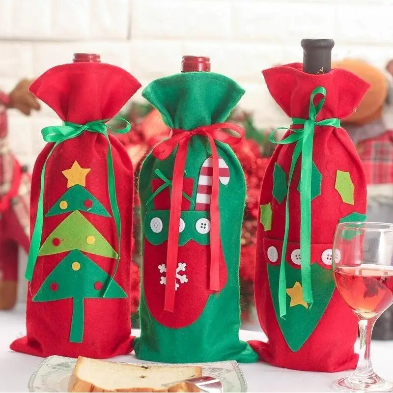 10pcs Red Velvet Christmas Wine Bag Flannel Gift Bags New Year Gift