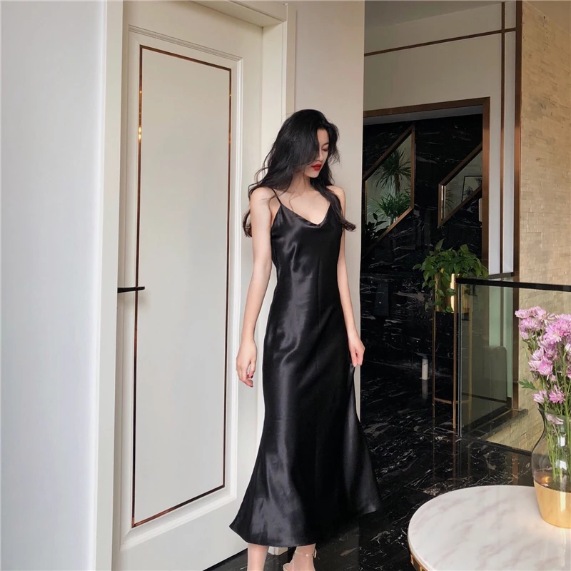 

X Long Summer Casual Sexy Nightwear Women Long Satin Nightgown Elegant Adjustable Strap Sexy Sleeping Dress Home Clothing