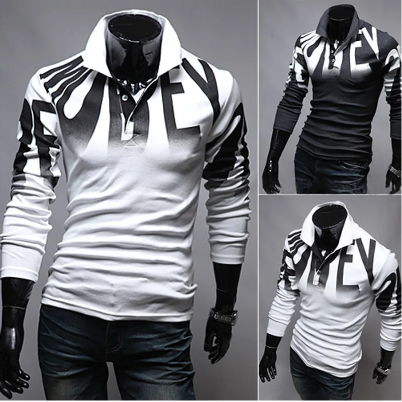

Spring Autumn Men's Letter Print Long Sleeve Shirt Slim Fit Clothes Standing Collar Gradient Color Pullover Clothing