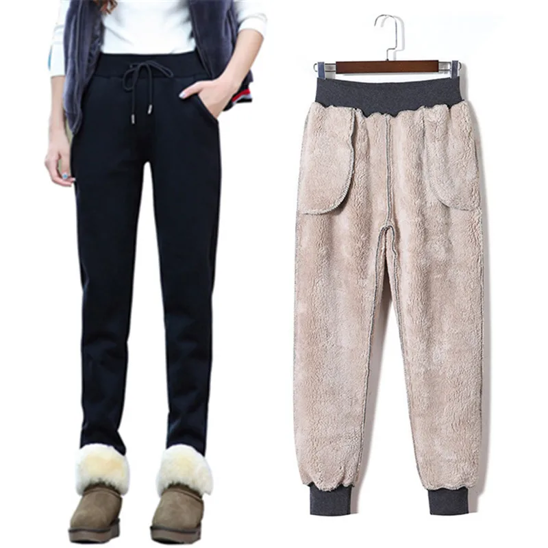 

5XL Winter Women's Men Velvet Thick Lambskin Cashmere Pants for Women Lamb Loose Harem Pants Elastic Waist Warm Female Trousers
