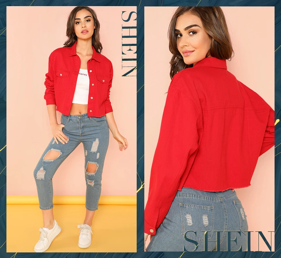 SHEIN Красная Укороченная Куртка На Пуговицах, Плотная Укороченная Рубашка, Демисезонная Куртка