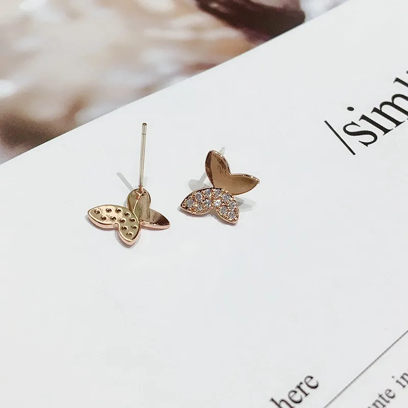 Изысканные маленькие серьги-гвоздики с бабочкой, розовое золото, серьги с микро покрытием из кубического циркония для женщин и девушек
