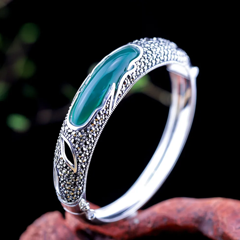 Vintage Luxury Green Chalcedony Bangles For Wome 100 925 Sterling