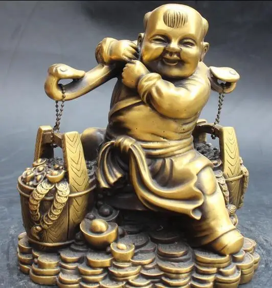 

9" Chinese Bronze Wealth 2 Bucket Money Yuanbao Ruyi Tongzi Sculpture Statue