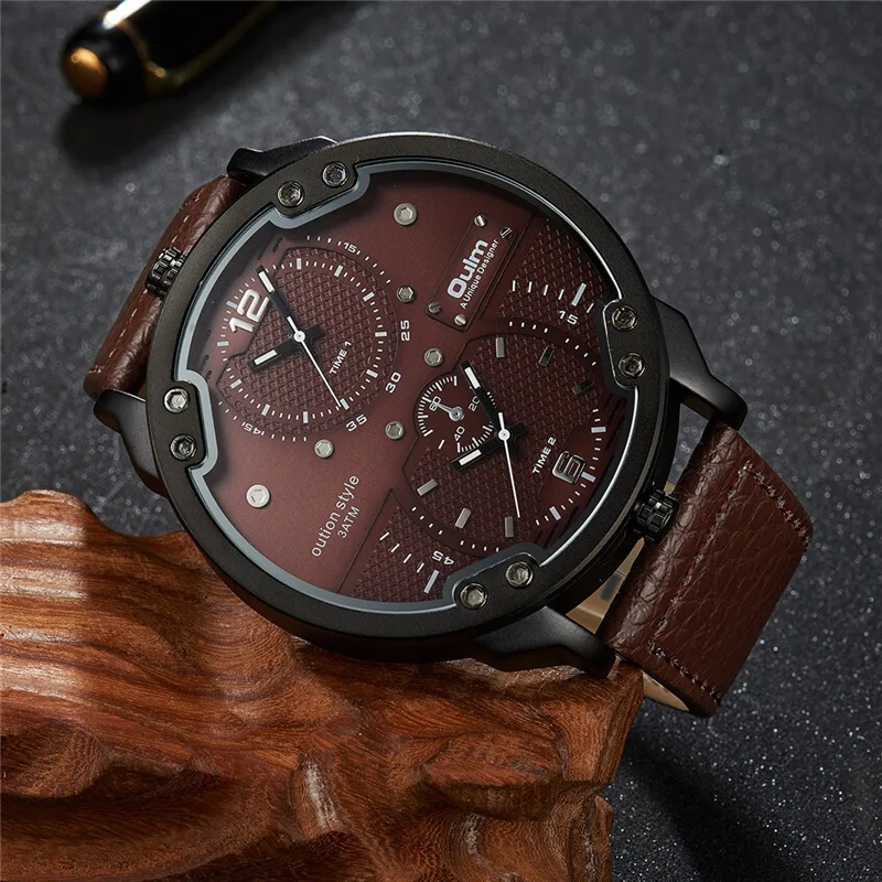  Oulm New Fashion Dual Time Zone Men's Watches Big Size Quartz Clock Male Leather Strap Wristwatch U