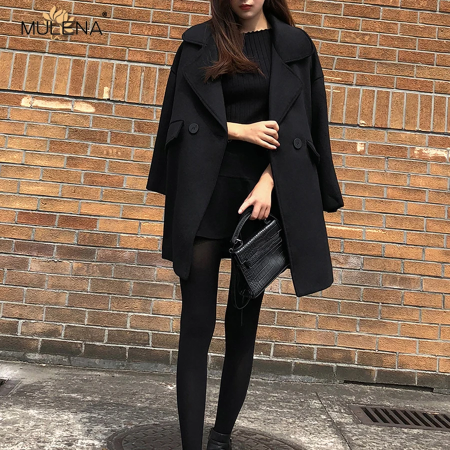 Mulena Loose Thick Black Long Wool Blends Coats Women Solid Double Breasted Pockets Office Work Ladies Winter Hardy Warm Coats