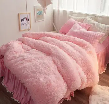 

Pink Red White Purple Gray Princess Girls Fleece Fabric Bedding set Bed set Mink Velvet Duvet cover Thick Bed Skirt Pillowcases