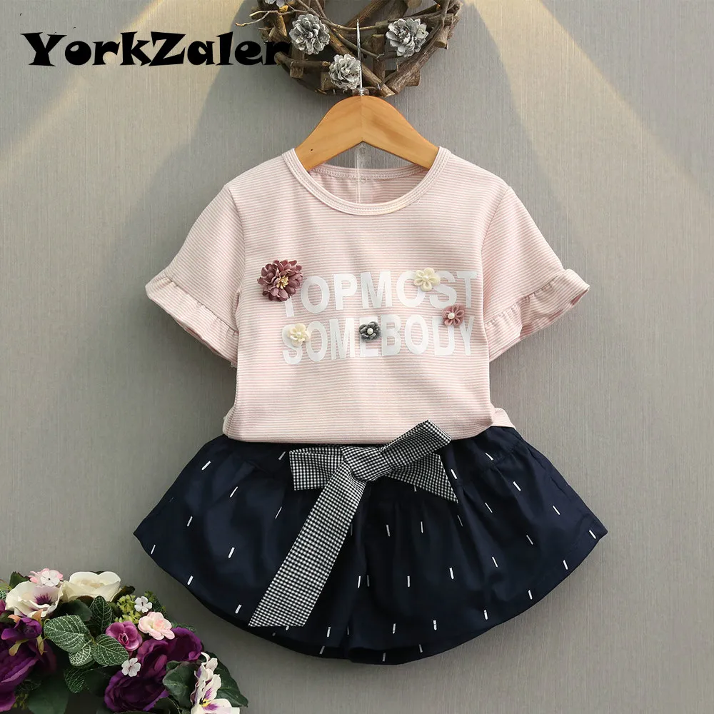 

YorkZaler Girls Clothes Sets Summer Fashion 2018 Childrens Clothes Kids Short Sleeve Stripe Letter T shirt Tops+Bow Skirt Suits