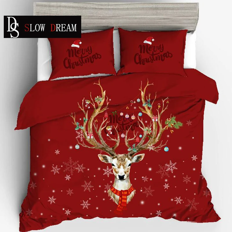 SLOWDREAM Merry Christmas Bedding Set Red Elk Double Bedspread