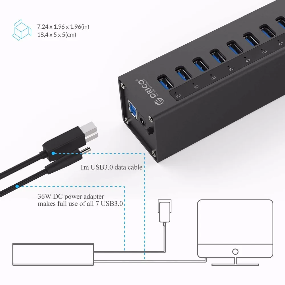 ORICO A3H10 USB 3,0 концентратор дизайн с адаптером питания алюминиевый 10 портовый USB 3,0 концентратор-черный