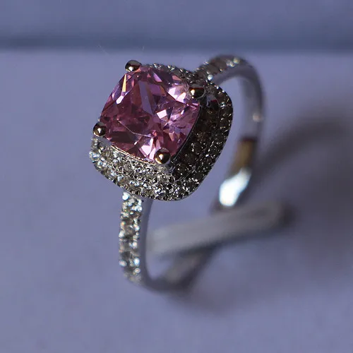 

Brand Customized Jewelry 2CT Cushion Cut SONA Diamond Pink Ring Silver Engagement Jewelry Pt950 Stamped Bride Design