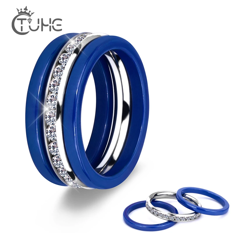 Lowered Three-Lines Zircon Jewelry Ceramic-Rings Stainless-Steel Crystal-Accessories Blue  znKJpkLl