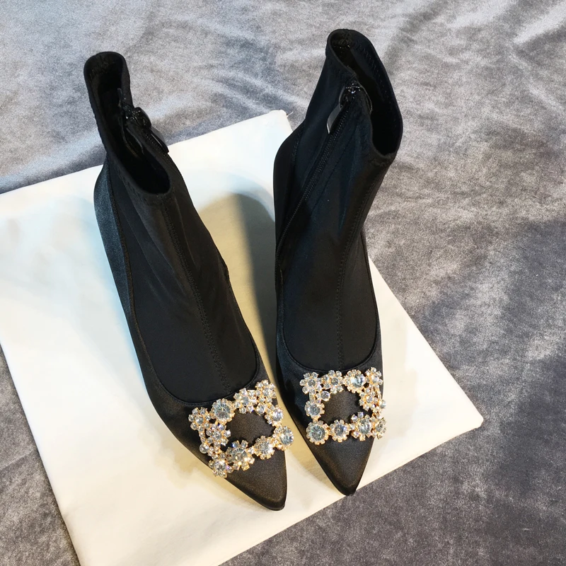 

Hot 2018 Spring Autumn Woman Ankle Crystal Boots High Thin Heels Pointed Toe Casual Boots Fashion Sexy Designer Woman Boots