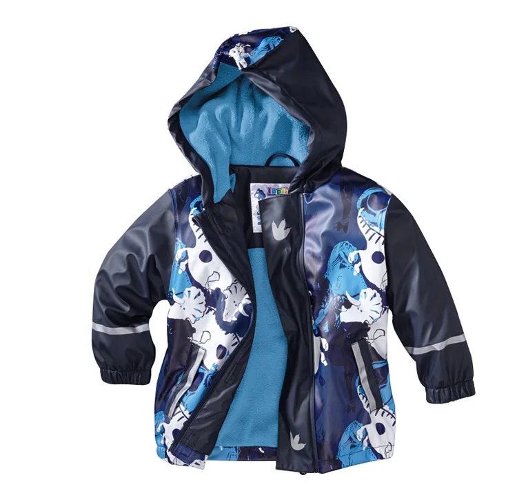 Водонепроницаемая куртка-дождевик из искусственной кожи с капюшоном; флисовый плащ для девочек; пальто; теплая зимняя верхняя одежда для мальчиков; детская одежда с героями мультфильмов - Цвет: Blue