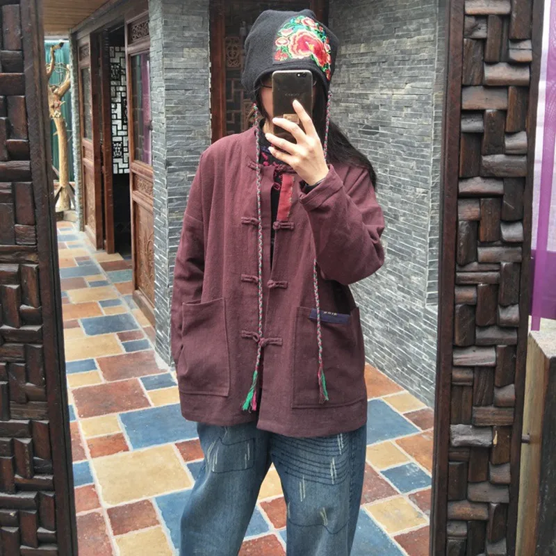 

Johnature Solid Color Stand Collar Coats New 2019 Autumn Winter Full Sleeve Vintage Plate Buckle Loose Women Linen Jackets