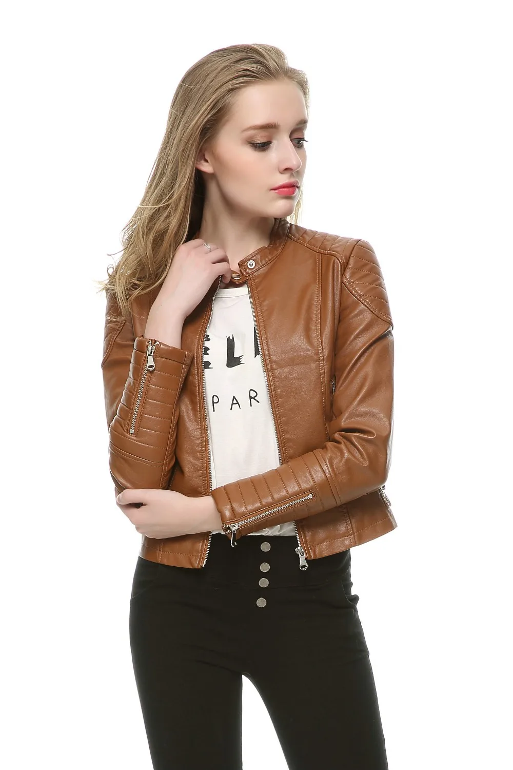 2020 Fashion Women Elegant Zipper Faux Leather Biker Jacket in Brown Black Slim Ladies Coat Casual brand Motorcycle Leather Coat