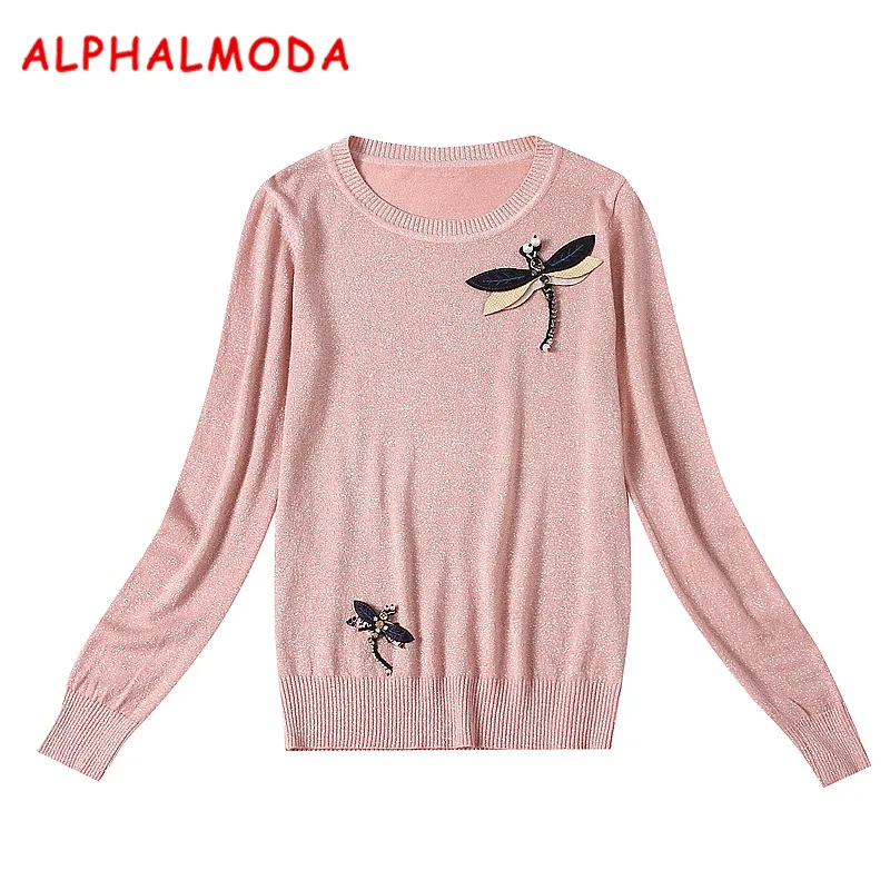 

ALPHALMODA Crystal Brooch Pullovers Women Fashion Sweaters O-neck Long-sleeved Sparkling Stylish Female Bottom Pattern Jumpers