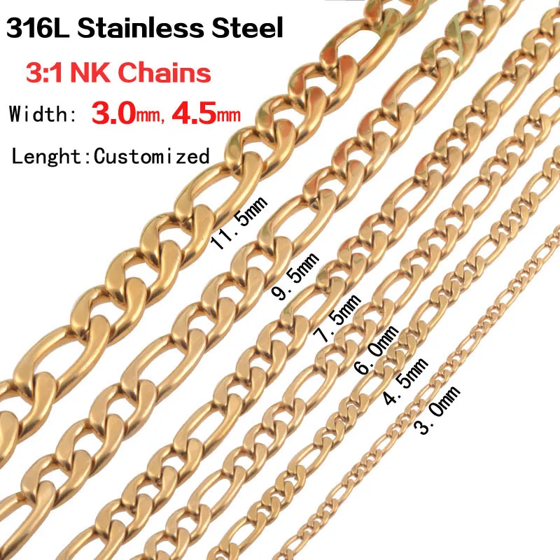 

Wholesale 10pcs/lot 3.0mm/4.5mm wide Gold 316L stainless steel 3:1NK chain necklaces women&men fashion necklace jewelry
