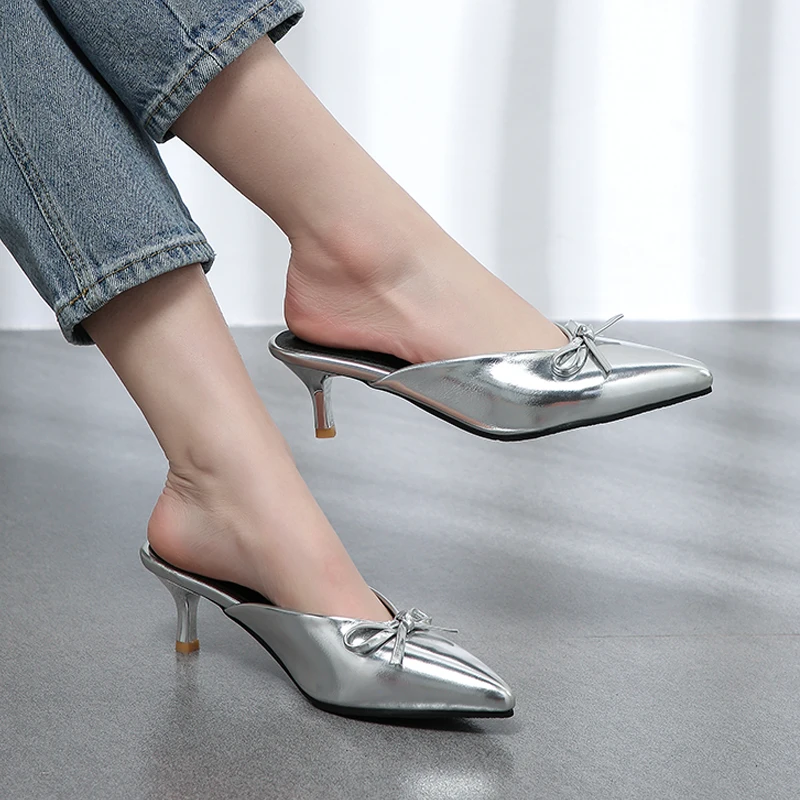 

DiJiGirls Low Heels 5 cm Women Mules Shoes Green Pink Silver Big SIZE 40 41 Pointed Toe Pumps Lady Kitten Heels Casual Slippers