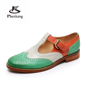 

Women genuine leather brogues yinzo vintage flats shoes handmade green oxford shoes for women spring summer 2020