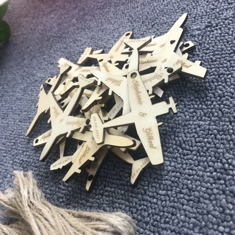 50 Pcs Personalized wedding Wooden Airplane Tags,rustic Bridal Shower wedding Favor tags,Custom name & date Wooden Plane Tags (7)