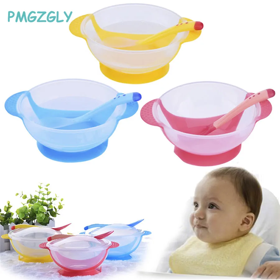 

Solid Feeding Baby Dishes Feeding Children's Tableware Kids Food Bowl Temperature Sensing Spoon+Dish+Cover Dishes Dinnerware Set