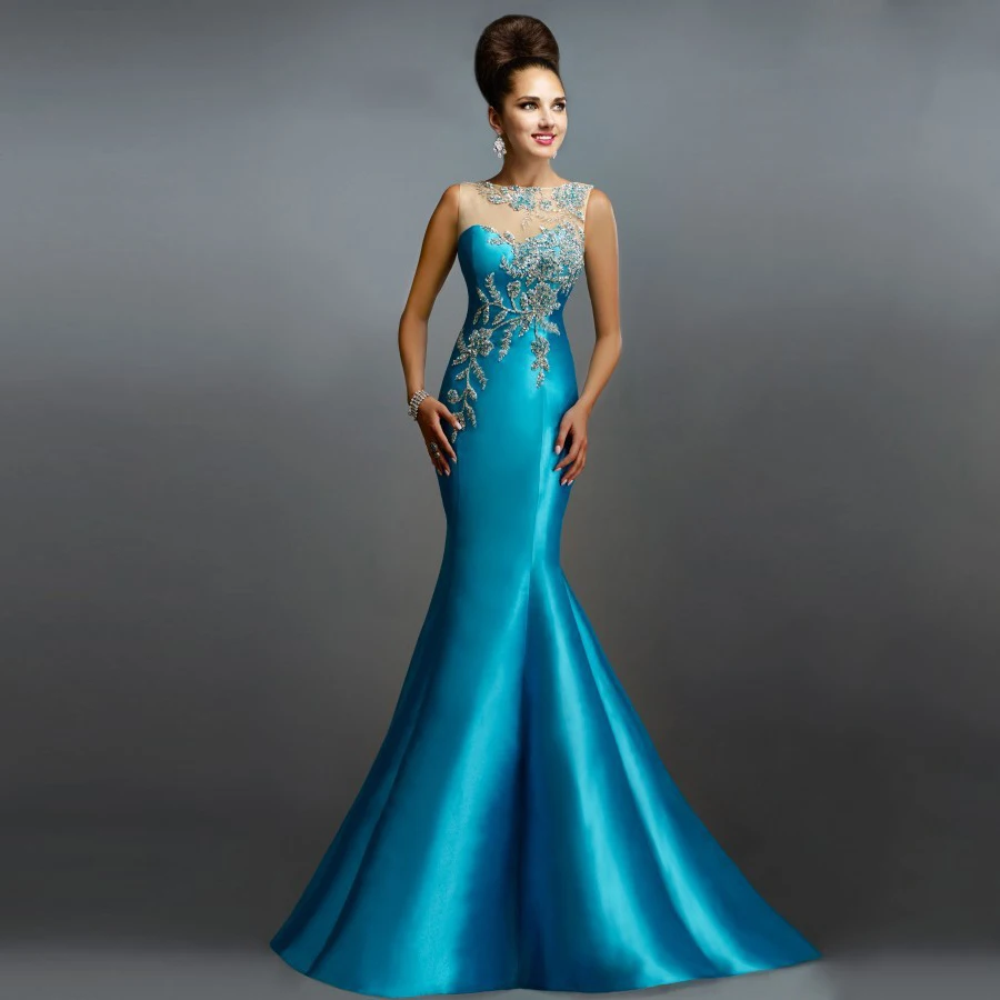 2017 Azul Turquesa Vestidos De Noche Sexy Sirena Sheer Bateau Encaje