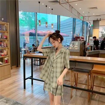 

LYJMTDBK Women's summer fashion check blazer and summer seductive shorts ladies casual retro 2 piece set 2019 new Feminino